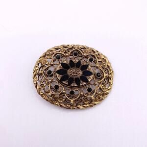 Vintage Large Brooch With Obsidian Stone  Floral  Design Gold Tone Filigree